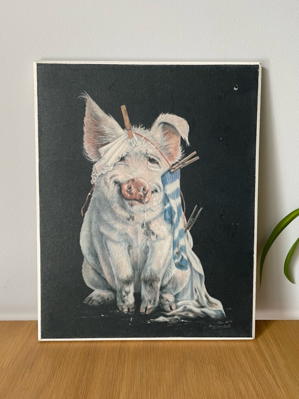 Vintage Joy Campbell Pig Clothesline Art Illustration Print on Wood Canvas